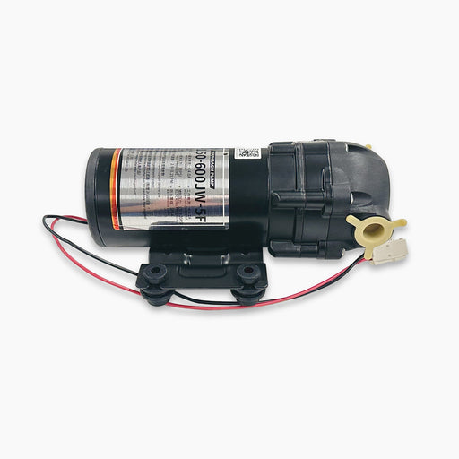 A black Diaphragm Pump for PRISM Tankless Units with a silver label, red/black wires, and a yellow connector—perfect as a compatible replacement or accessory for your TROE600PRISM, shown on a white background.