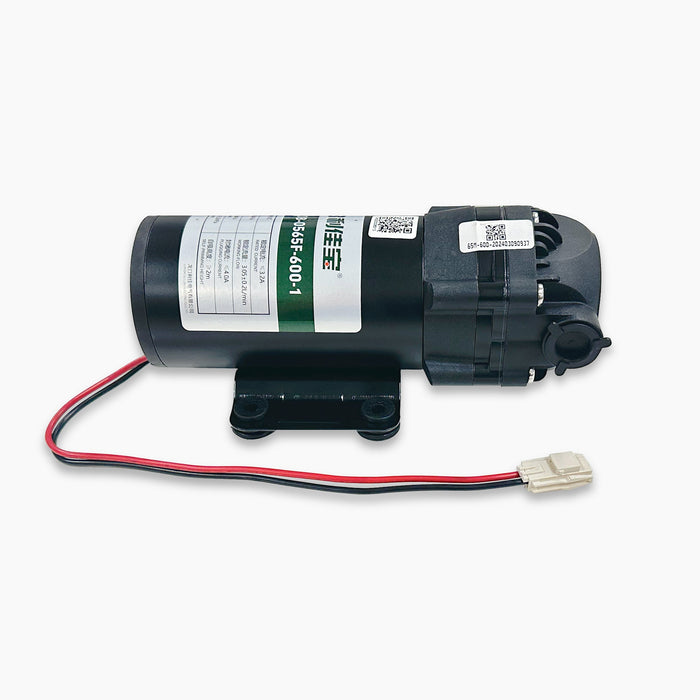 Black diaphragm pump for ROSL & TROE (500-800GPD) tankless units with a cylindrical body, wiring, and white connector on a labeled black base. Model: TROE800COL. Background is plain white.