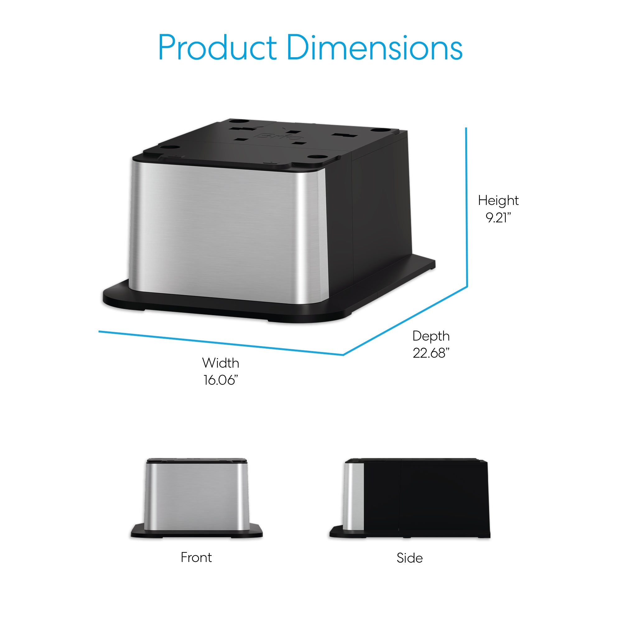 A stainless steel and black Brio Water Cooler Base – 720 Series Ice Maker Bottled & Bottleless Water Cooler, measuring 9.21" H x 16.06" W x 22.68" D; front and side views are displayed below the main image.