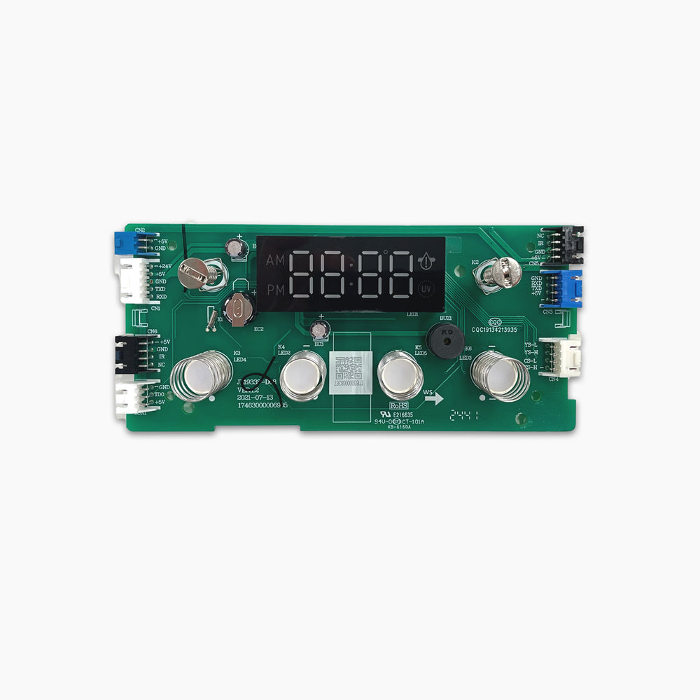 The Display Panel for Brio 520 Series Icemaker Water Cooler is a green circuit board (model CLBL520SCIC) with a digital display, buttons, dials, connectors on both sides, and AM/PM indicators on the blank display.
