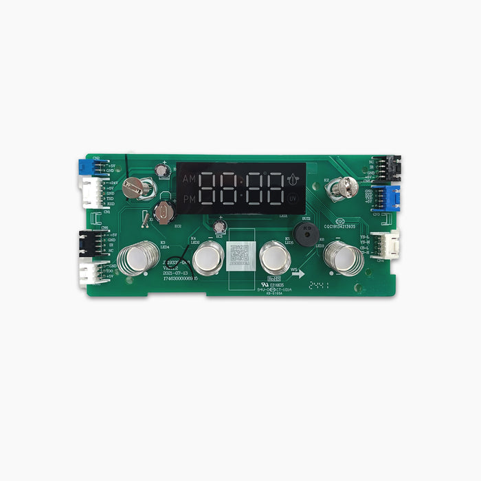 The Display Panel for Brio 520 Series Icemaker Water Cooler is a green circuit board (model CLBL520SCIC) with a digital display, buttons, dials, connectors on both sides, and AM/PM indicators on the blank display.