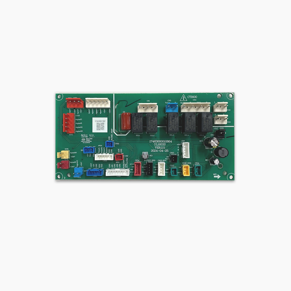 A Control Panel for Brio 320, 420, & 520 Series Icemaker Coolers with various components and connectors mounted on a green circuit board, photographed against a white background.