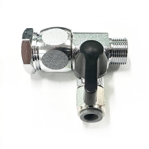 The Water Feed Ball Valve Adapter features a metal body, black lever handle, threaded fittings on both ends, and a hexagonal nut—perfect as a replacement part for CLPOU water filter or UV filtration systems. Photographed on a white background.