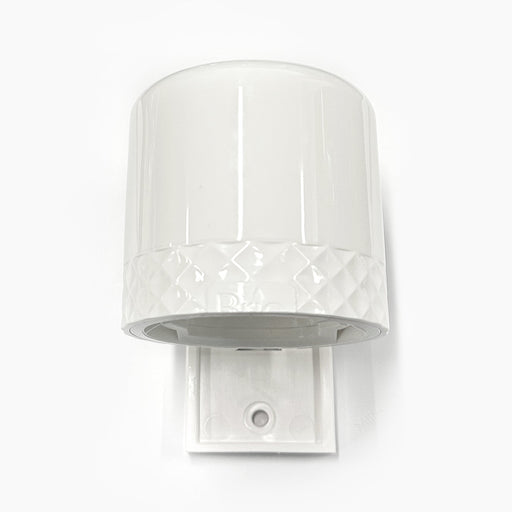A white, cylindrical Flushing Filter Head with a textured diamond pattern near the base, designed for wall mounting and compatible with select water cooler models, shown against a plain white background.