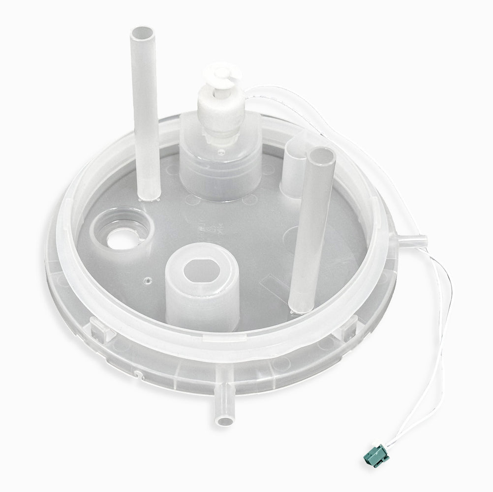 A translucent circular plastic Cold Tank Cover/Float for POU Coolers features several cylindrical tubes, a small sensor, and a white wire with a green connector, set against a white background.
