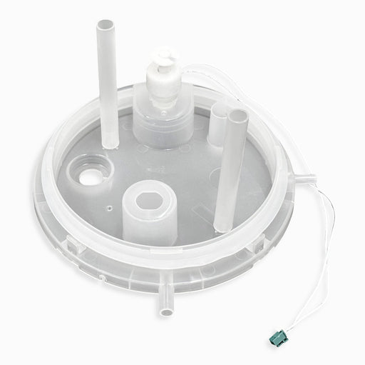 A translucent circular plastic Cold Tank Cover/Float for POU Coolers features several cylindrical tubes, a small sensor, and a white wire with a green connector, set against a white background.