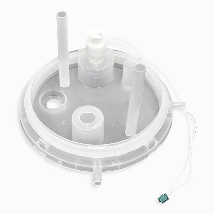 A translucent circular plastic Cold Tank Cover/Float for POU Coolers features several cylindrical tubes, a small sensor, and a white wire with a green connector, set against a white background.