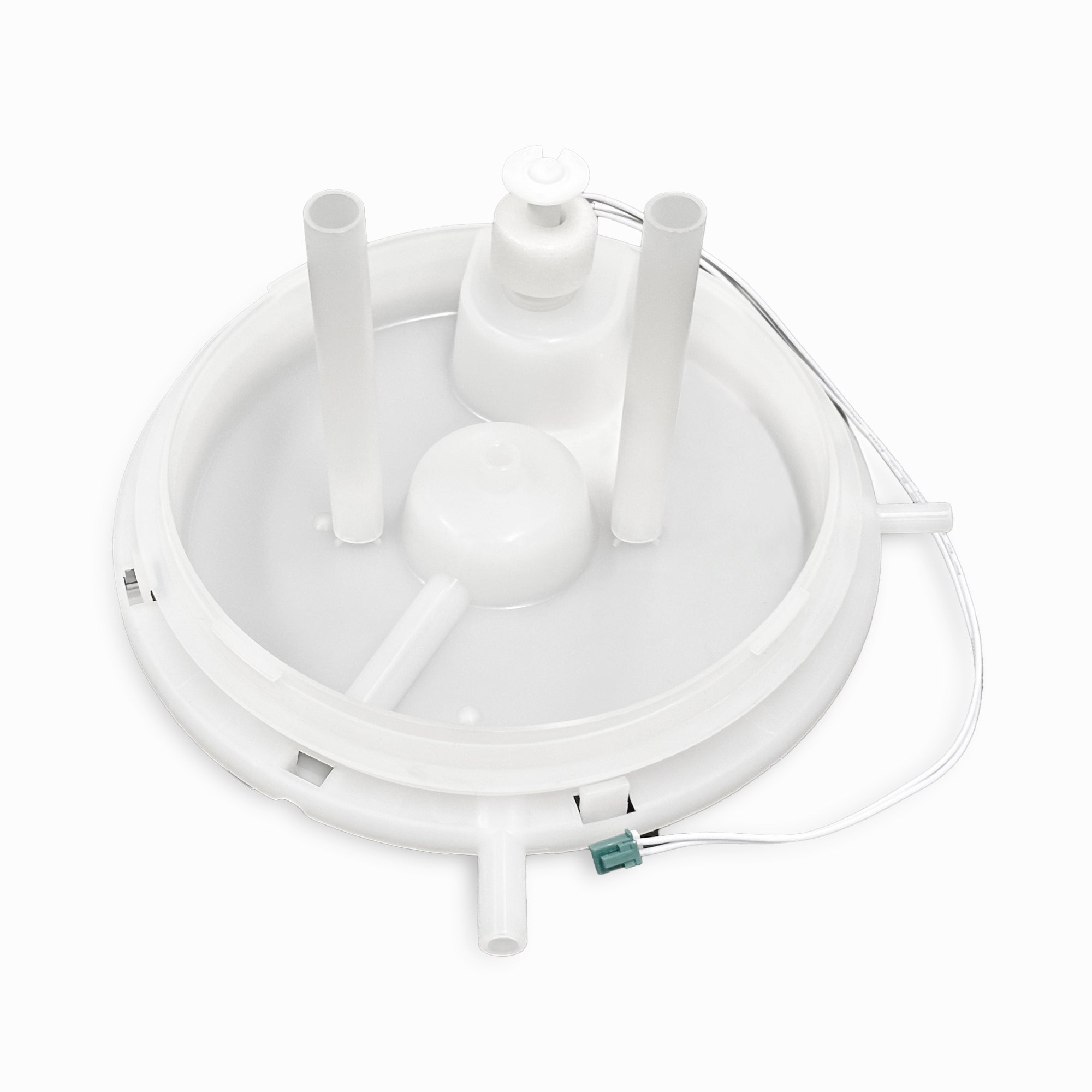 A white, circular plastic Cold Tank Cover/Float for Bottom Load Coolers (model CLBL320BSCP) with three vertical tubes, a small sensor, and a thin wire is displayed on a plain white background.