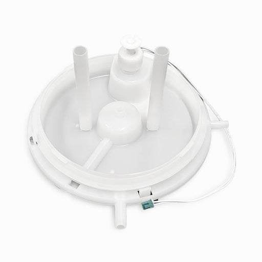 A white, circular plastic Cold Tank Cover/Float for Bottom Load Coolers (model CLBL320BSCP) with three vertical tubes, a small sensor, and a thin wire is displayed on a plain white background.