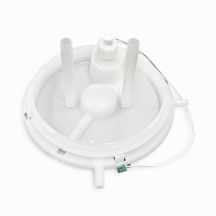 A white, circular plastic Cold Tank Cover/Float for Bottom Load Coolers (model CLBL320BSCP) with three vertical tubes, a small sensor, and a thin wire is displayed on a plain white background.