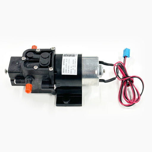 A Bottle Pump Bottom Load Cooler, small and black, model CLBL520SCBLK, features attached red and black wires with a blue connector and two orange hose ports, shown on a white background.