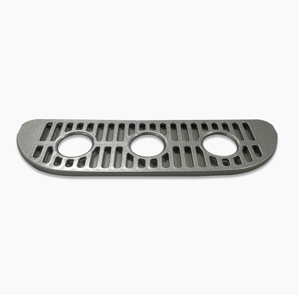 A silver, rectangular Drip Tray Cover for 420 Series Coolers featuring three center circular holes and multiple vertical and horizontal slits, suitable as a vent or decorative grill.
