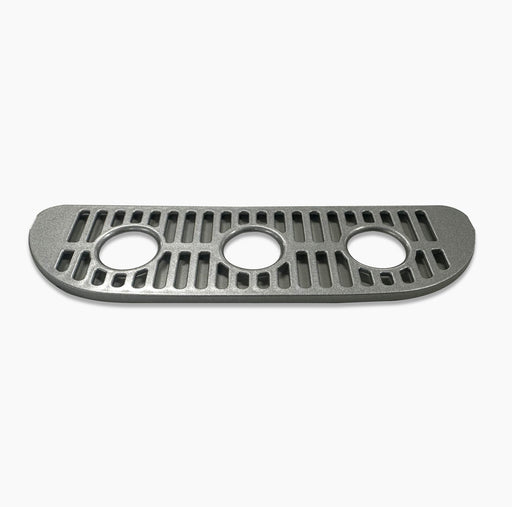 A silver, rectangular Drip Tray Cover for 420 Series Coolers featuring three center circular holes and multiple vertical and horizontal slits, suitable as a vent or decorative grill.