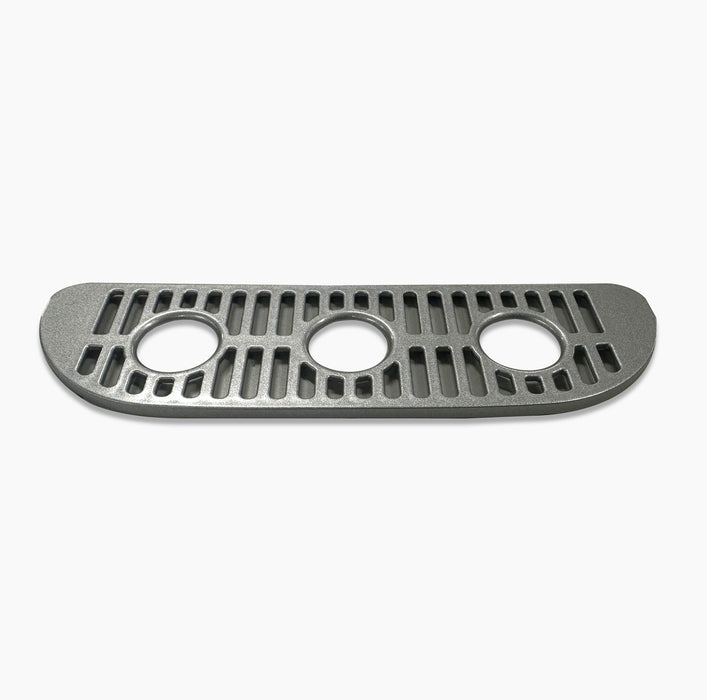 A silver, rectangular Drip Tray Cover for 420 Series Coolers featuring three center circular holes and multiple vertical and horizontal slits, suitable as a vent or decorative grill.