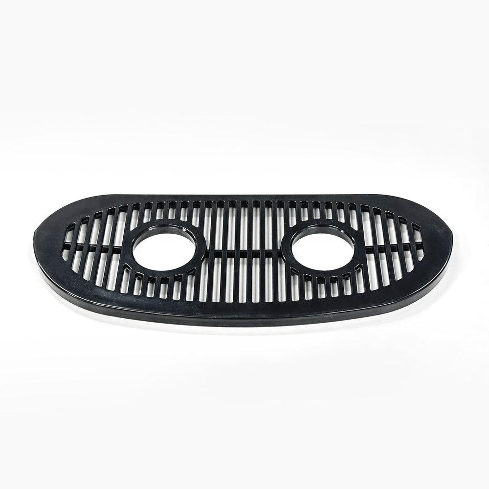 Black oval-shaped Drip Tray Cover for 520CV Series Coolers, featuring two circular holes and vertical bars, compatible with CL520CV and CL525CV models, shown against a plain white background.