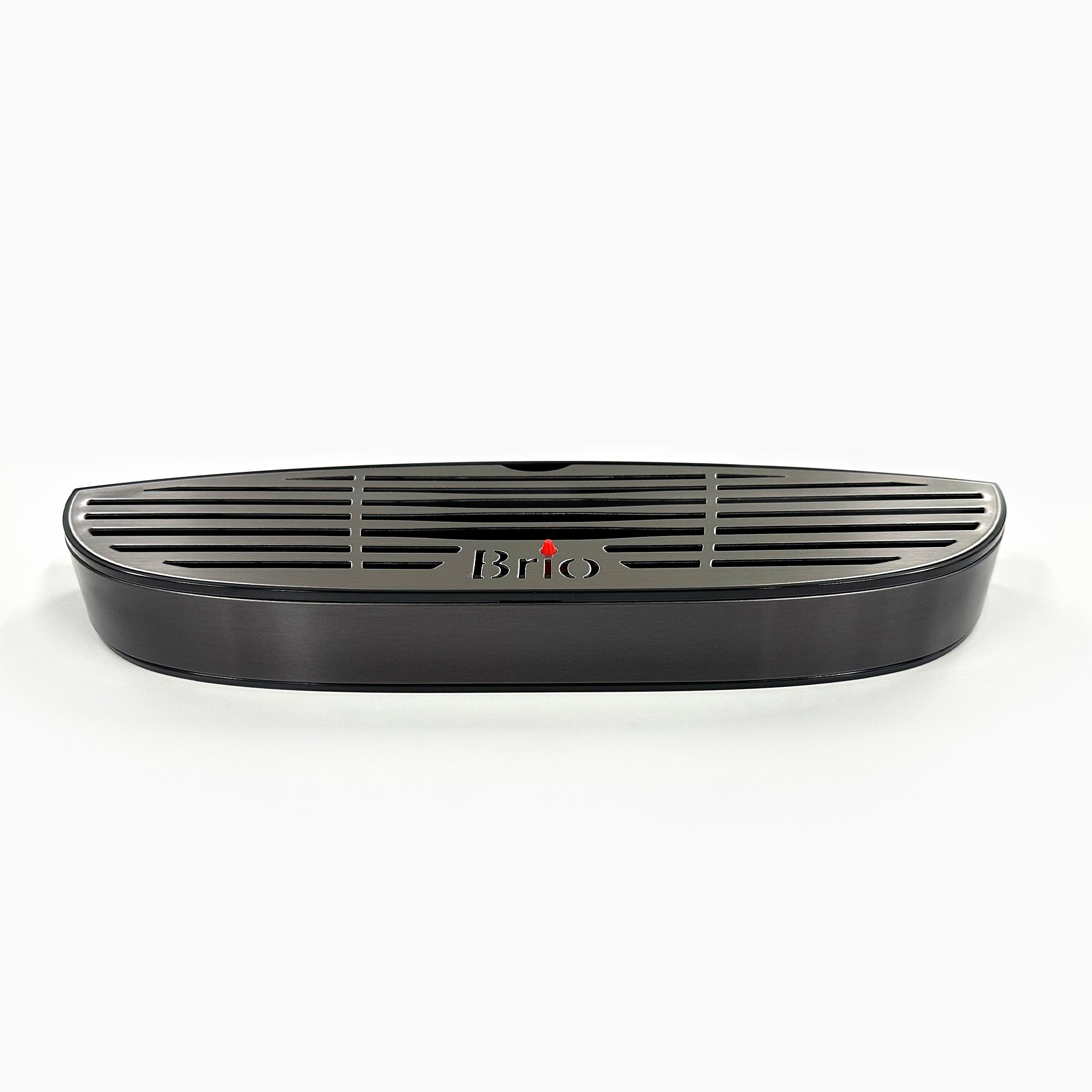 A black Drip Tray 720 Series Cooler, model CLBL720SCXBLK, featuring an oval shape and horizontal vent slats with "Brio" on the front, displayed against a white background.