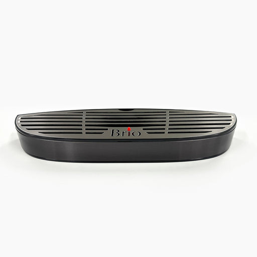 A black Drip Tray 720 Series Cooler, model CLBL720SCXBLK, featuring an oval shape and horizontal vent slats with "Brio" on the front, displayed against a white background.