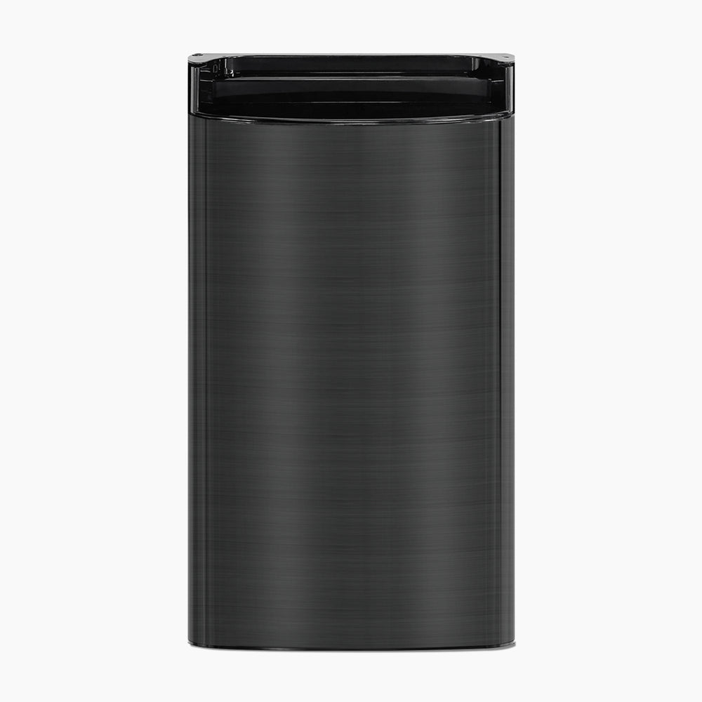A sleek, modern black stainless steel trash can with a rectangular shape and glossy lid is shown against a plain white background—its design as refined as the Door 520 Top Load Series Coolers Black.