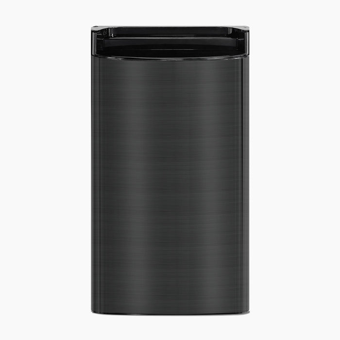 A sleek, modern black stainless steel trash can with a rectangular shape and glossy lid is shown against a plain white background—its design as refined as the Door 520 Top Load Series Coolers Black.