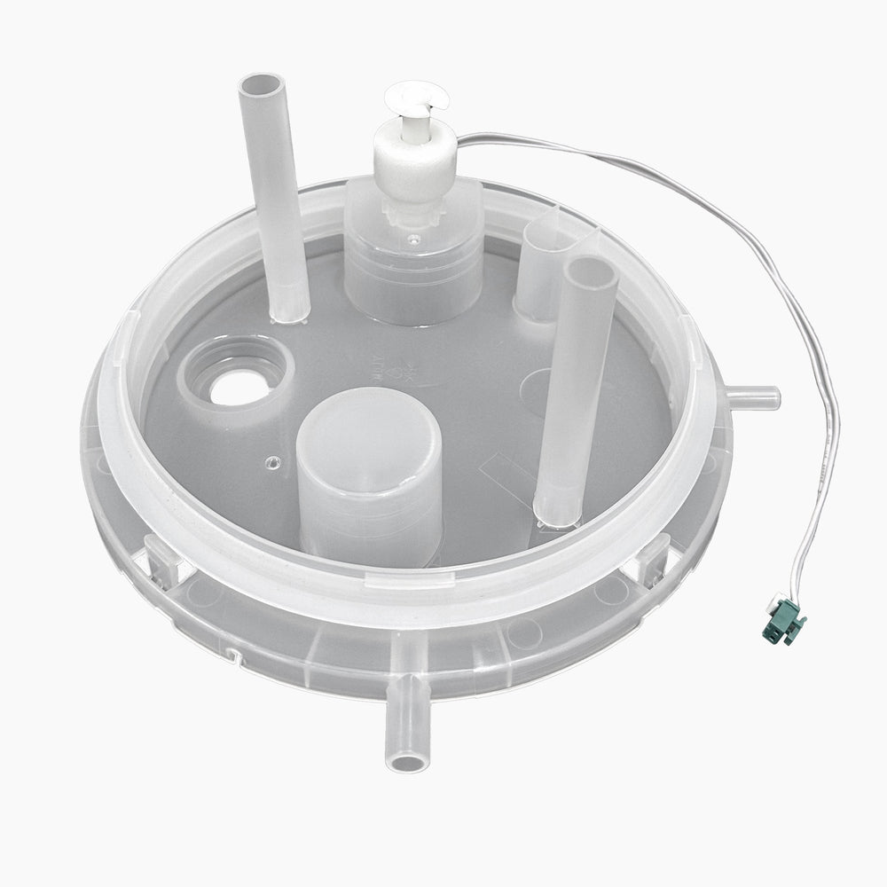 A round, transparent Cold Tank Cover/Float 420RO Coolers replacement with multiple cylindrical ports, a white cap, and a wire ending in a green connector is shown on a white background.