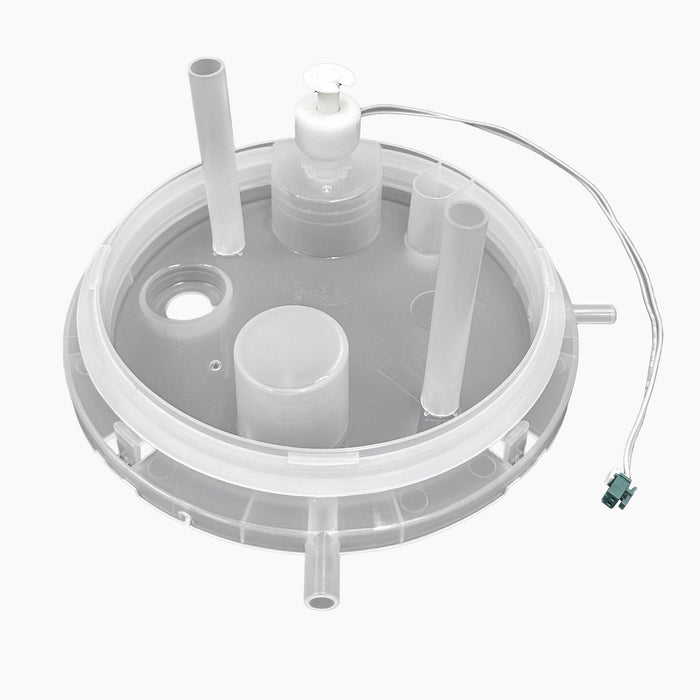 A round, transparent Cold Tank Cover/Float 420RO Coolers replacement with multiple cylindrical ports, a white cap, and a wire ending in a green connector is shown on a white background.