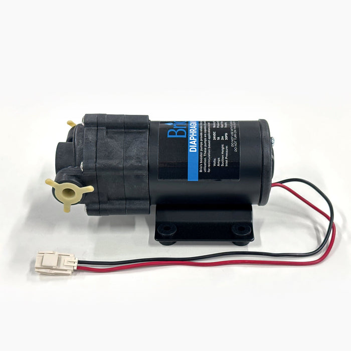 A black Diaphragm Pump RO Coolers with mounting bracket, red and black wires, white electrical connector, and a technical specs label is displayed on a plain white background.