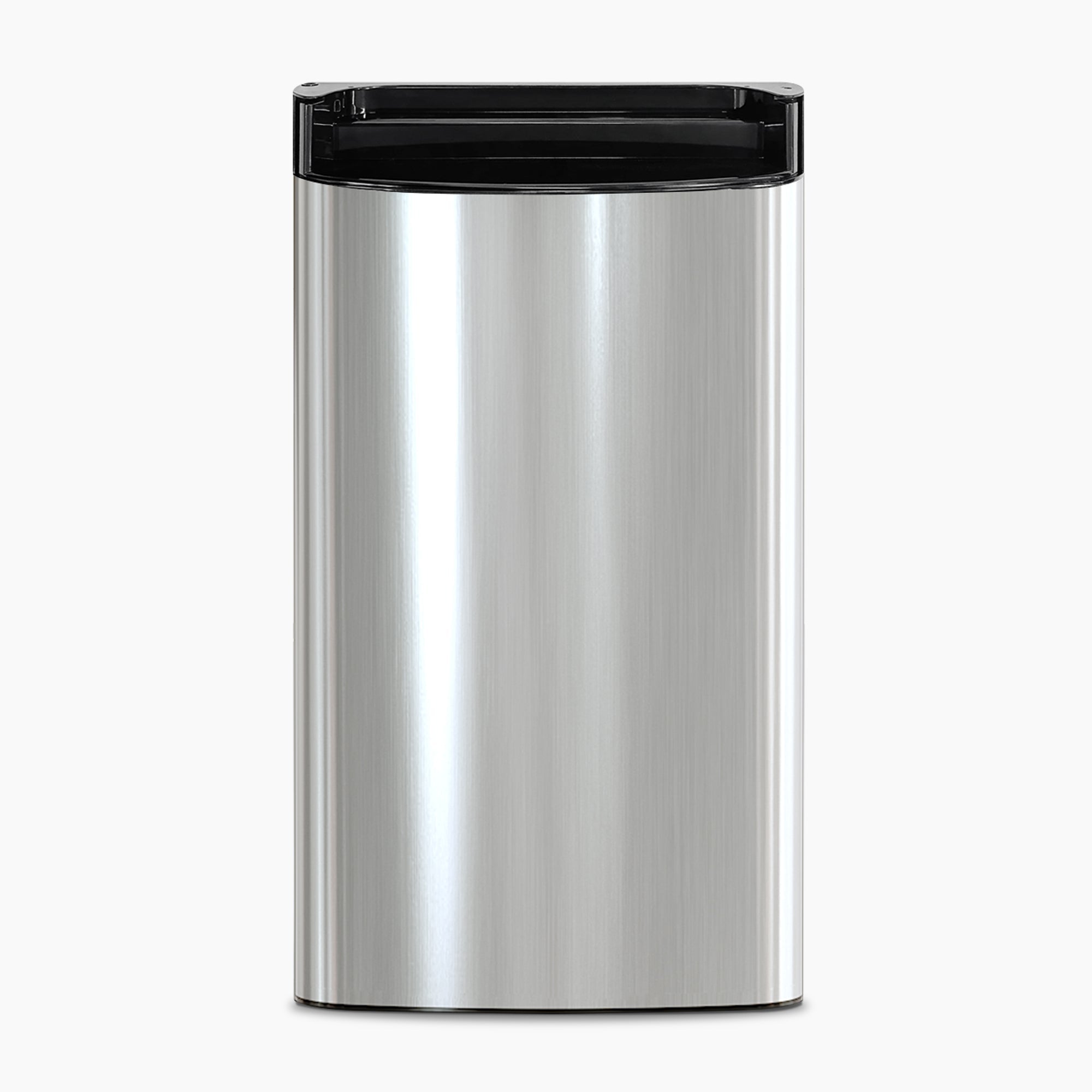 A sleek, rectangular stainless steel trash can with a black plastic lid is shown on a plain white background. Its modern, minimalist design pairs perfectly with appliances like the Door 720 Ice Cooler in contemporary spaces.