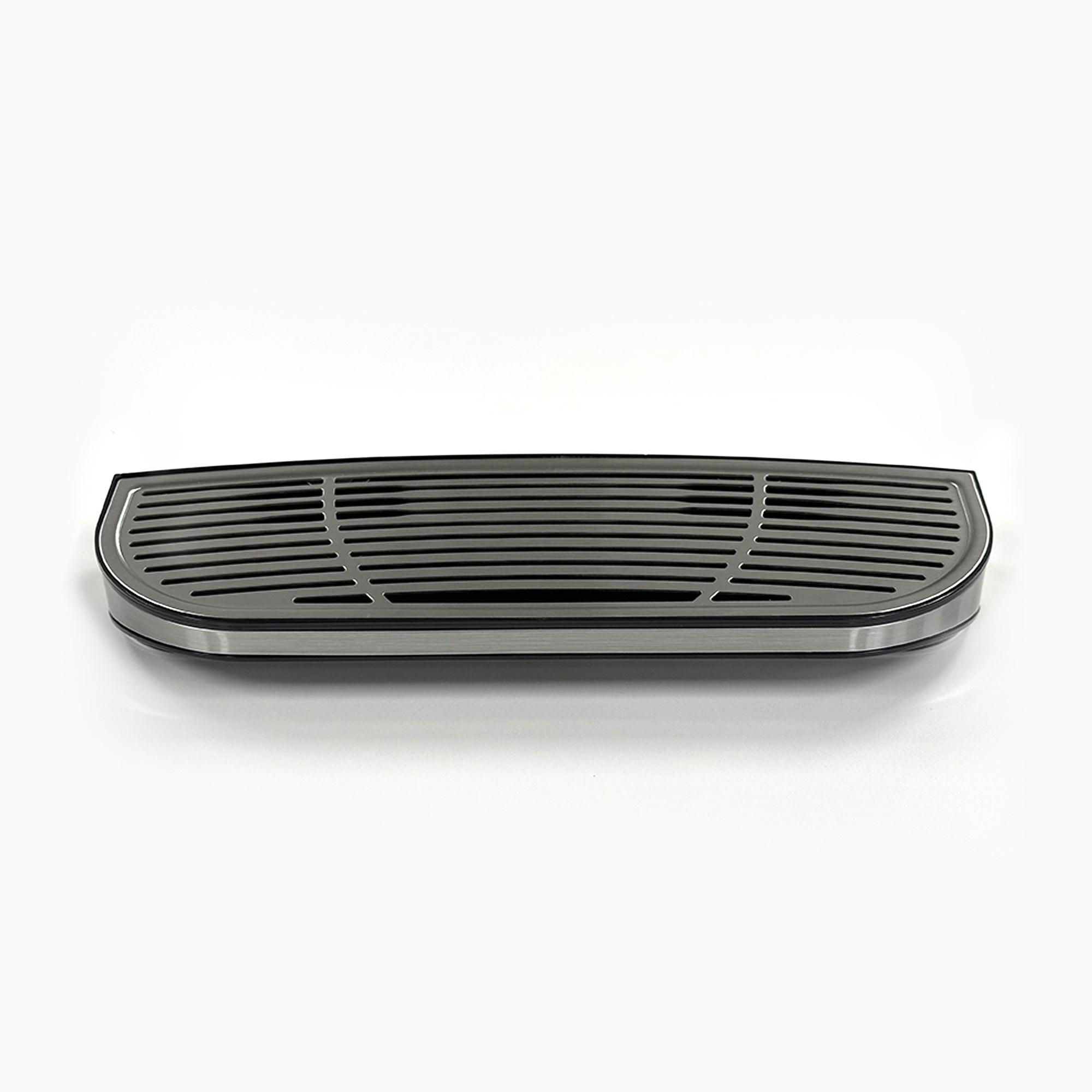The Drip Tray with Cover 730 Coffee Coolers (Main), model CLBL730SCCF, is a sleek black and silver wall-mounted shelf with a slotted drainage design, shown against a white background.