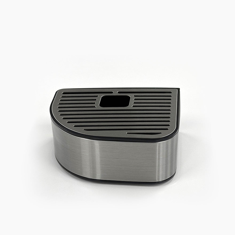 A Drip Tray with Cover 730 Coffee Coolers (Side), made of stainless steel with a semi-circular shape and black slotted lid featuring a central rectangular opening, similar to the CLBL730SCCF, is shown on a white background.