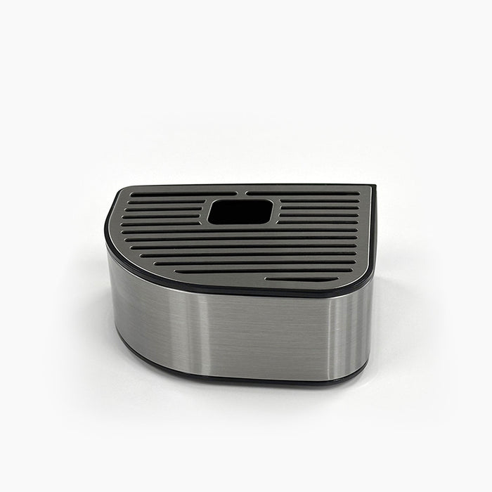 A Drip Tray with Cover 730 Coffee Coolers (Side), made of stainless steel with a semi-circular shape and black slotted lid featuring a central rectangular opening, similar to the CLBL730SCCF, is shown on a white background.