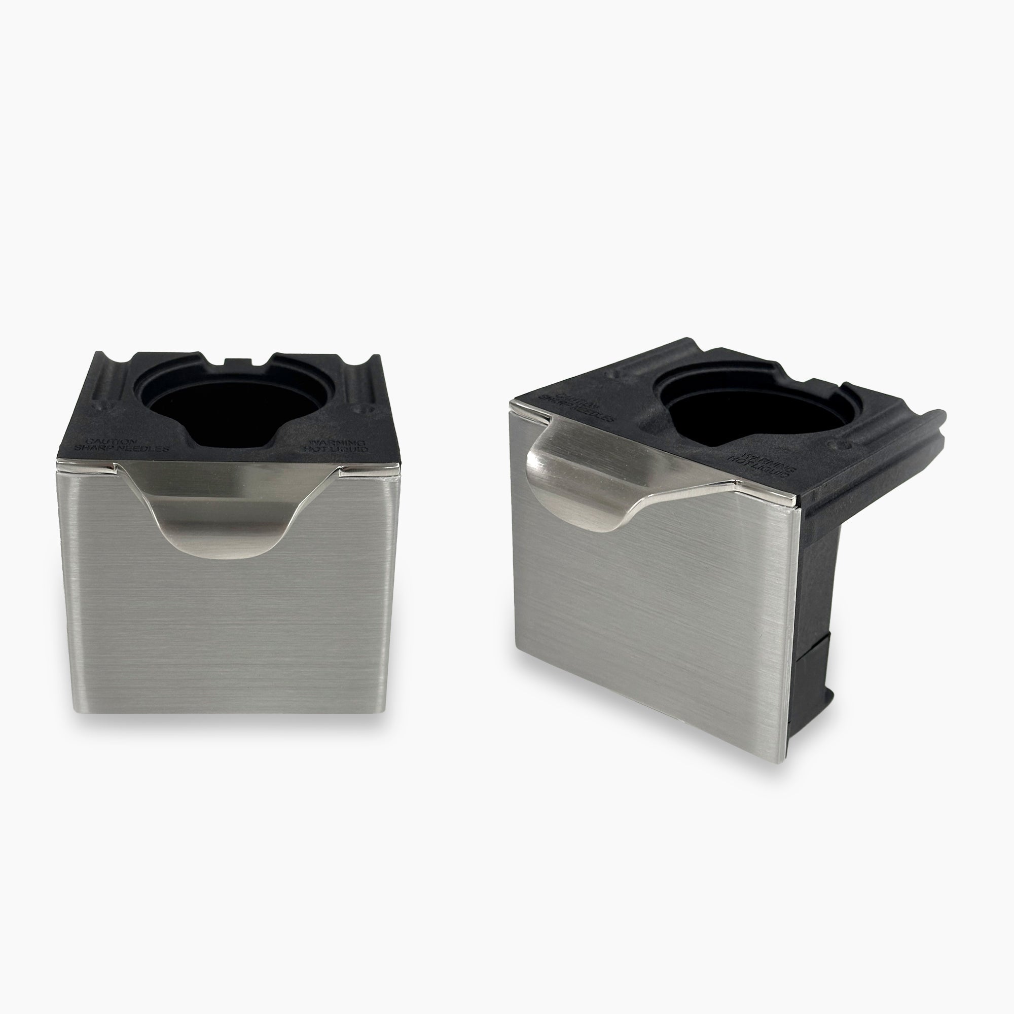 Two square metal and plastic Coffee Pod Drawer 730 Coffee Coolers are shown on a white background, each featuring a brushed stainless steel front and a black plastic top with a circular opening.