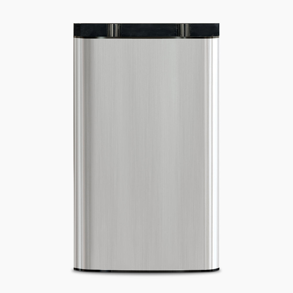 The Door 730 Coolers, model CLBL730SC, is a rectangular stainless steel trash can with a black lid. Its smooth, reflective surface and upright stance give it a modern and sleek look on a light background.