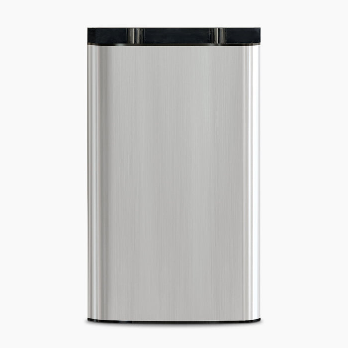 The Door 730 Coolers, model CLBL730SC, is a rectangular stainless steel trash can with a black lid. Its smooth, reflective surface and upright stance give it a modern and sleek look on a light background.