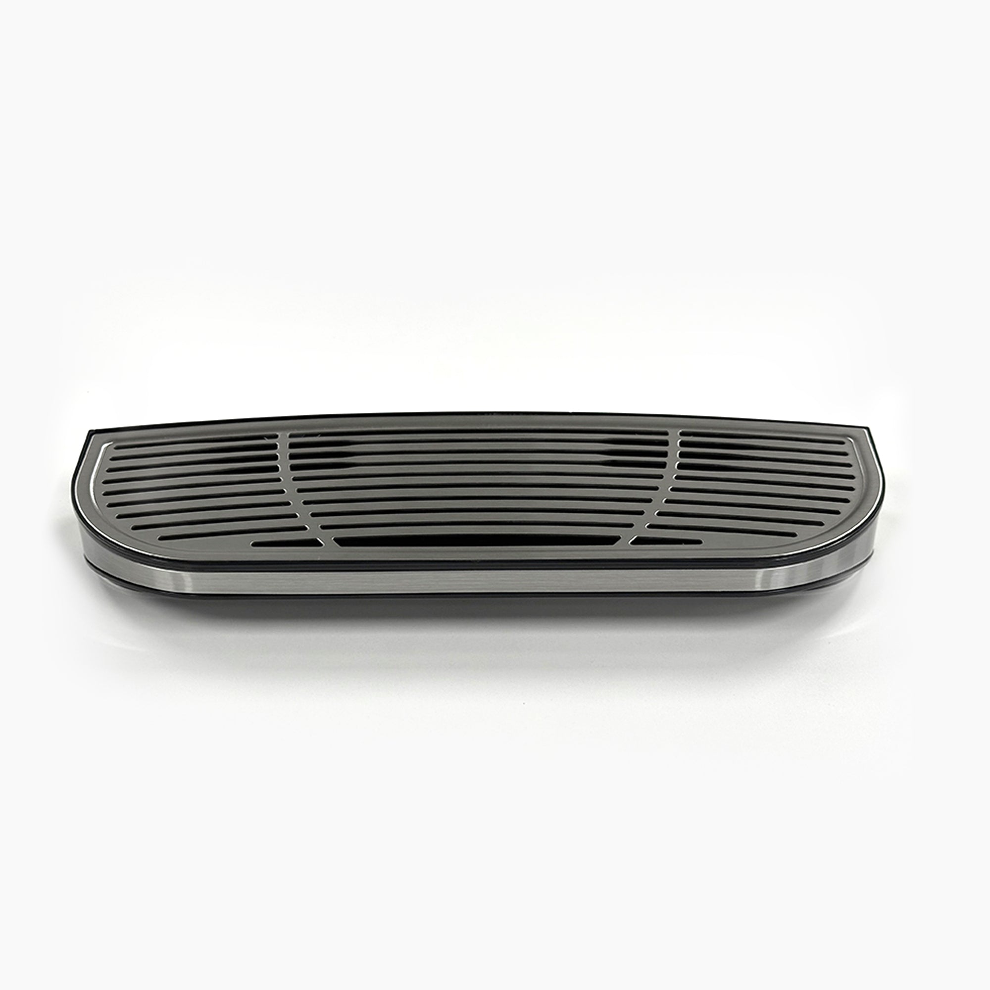 A Drip Tray with Cover 730 Cooler, a black, rectangular plastic tray with rounded edges and horizontal slits, is placed on a white background.