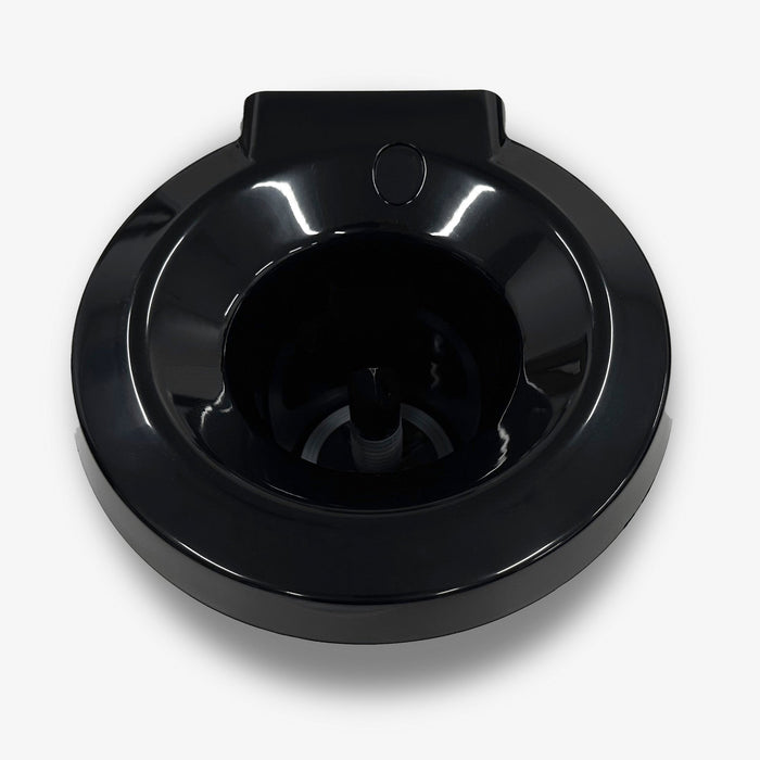 The Non-Spill Top 320 Slim Black is a black, round plastic bowl with a central cylindrical compartment, compatible with CLPOU320BSLUV2P and CLTL320BSLP, shown from above against a white background.