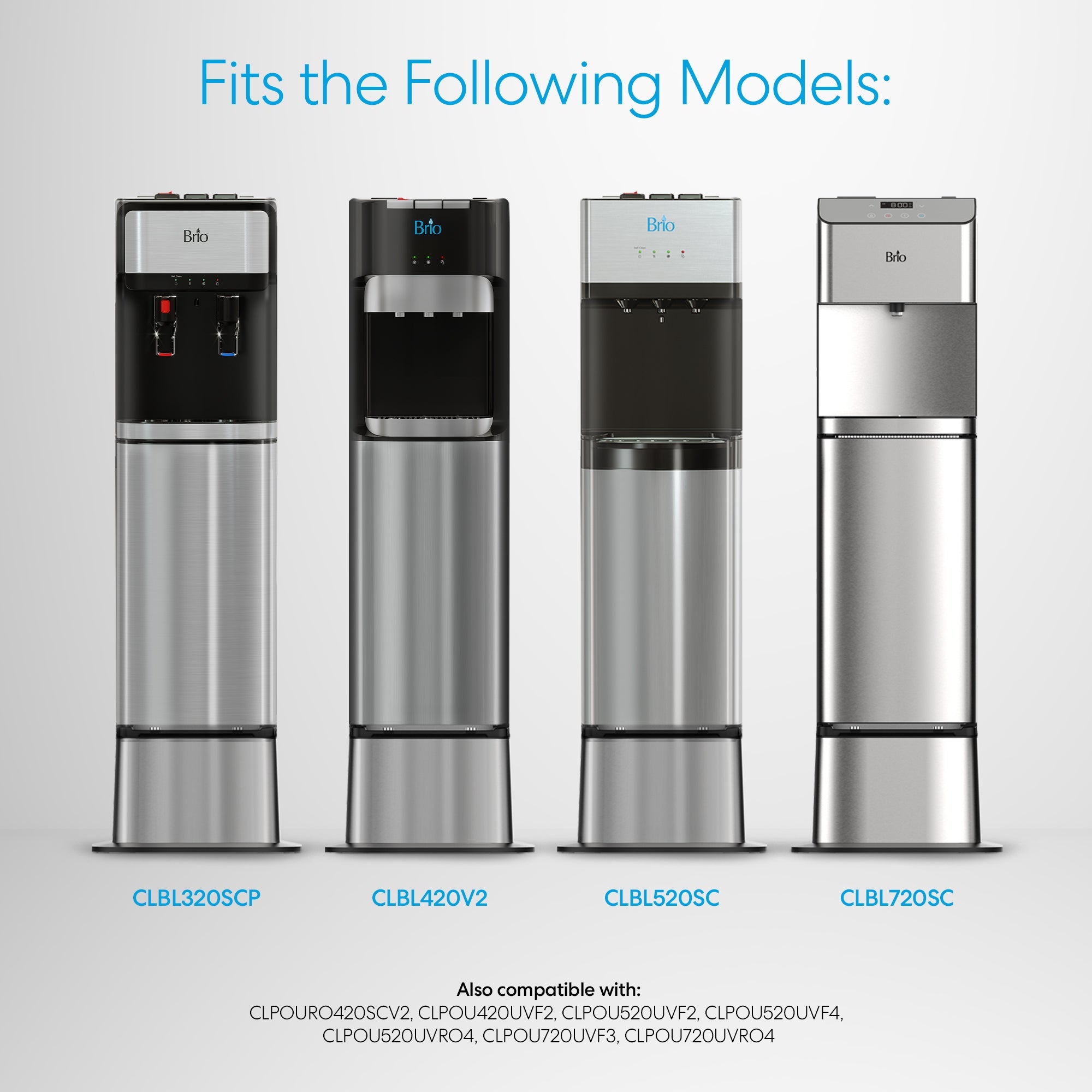 Four Brio Water Cooler Bases—300, 400, 500, and 700 Series—are shown side by side under "Fits the Following Models," with additional compatible base model numbers listed below.
