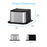 The Brio Water Cooler Base – 300/400/500/700 Series is a square stainless steel unit (16.06"W x 16.06"D x 9.29"H). Images show front and side views with blue text, “Product Dimensions.”.