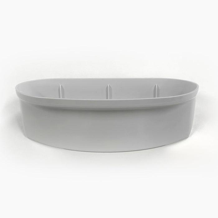 A white, oval plastic Drip Tray for 505CV Coolers with three vertical dividers, smooth surface, and compatible as a replacement accessory—photographed against a plain white background.