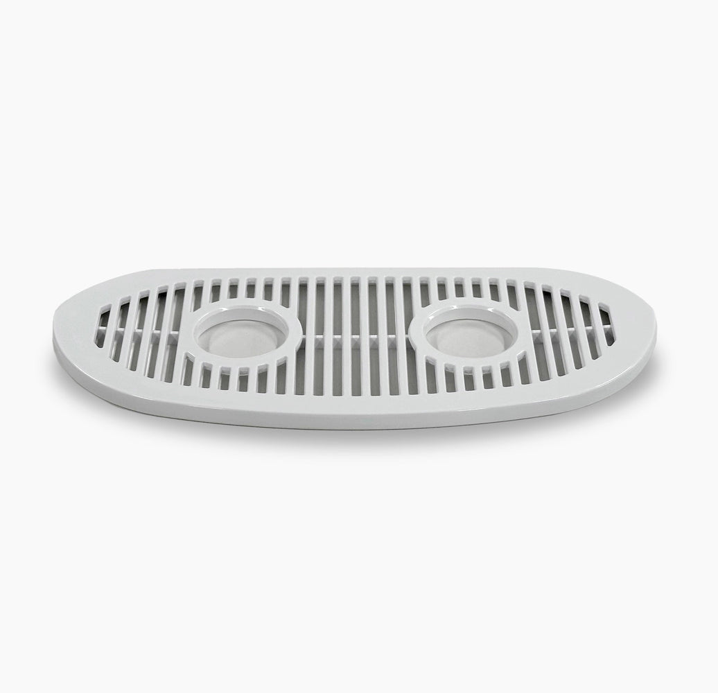 White oval plastic Drip Tray Cover for 505CV Coolers, featuring vertical slats and two round drainage holes. Compatible with other CL505CV parts and ideal as a CL505CV accessory. Shown on a plain white background.