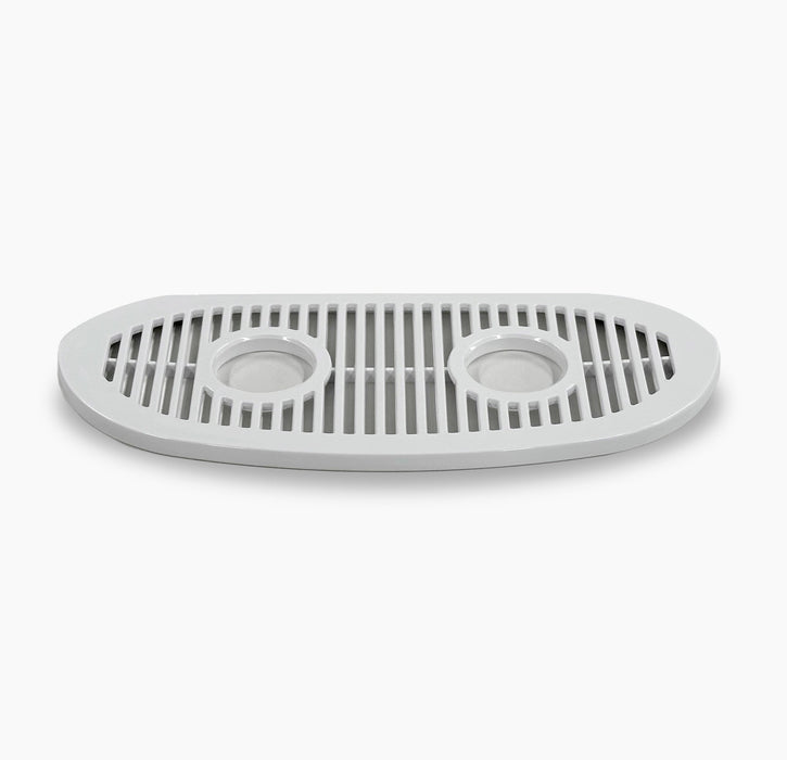 White oval plastic Drip Tray Cover for 505CV Coolers, featuring vertical slats and two round drainage holes. Compatible with other CL505CV parts and ideal as a CL505CV accessory. Shown on a plain white background.