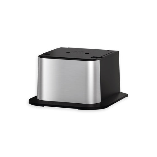 This is the Brio Water Cooler Base for the Brio 430 Series Bottled & Bottleless Water Cooler, featuring a compact, square-shaped design in stainless steel and black plastic, shown on a plain white background.