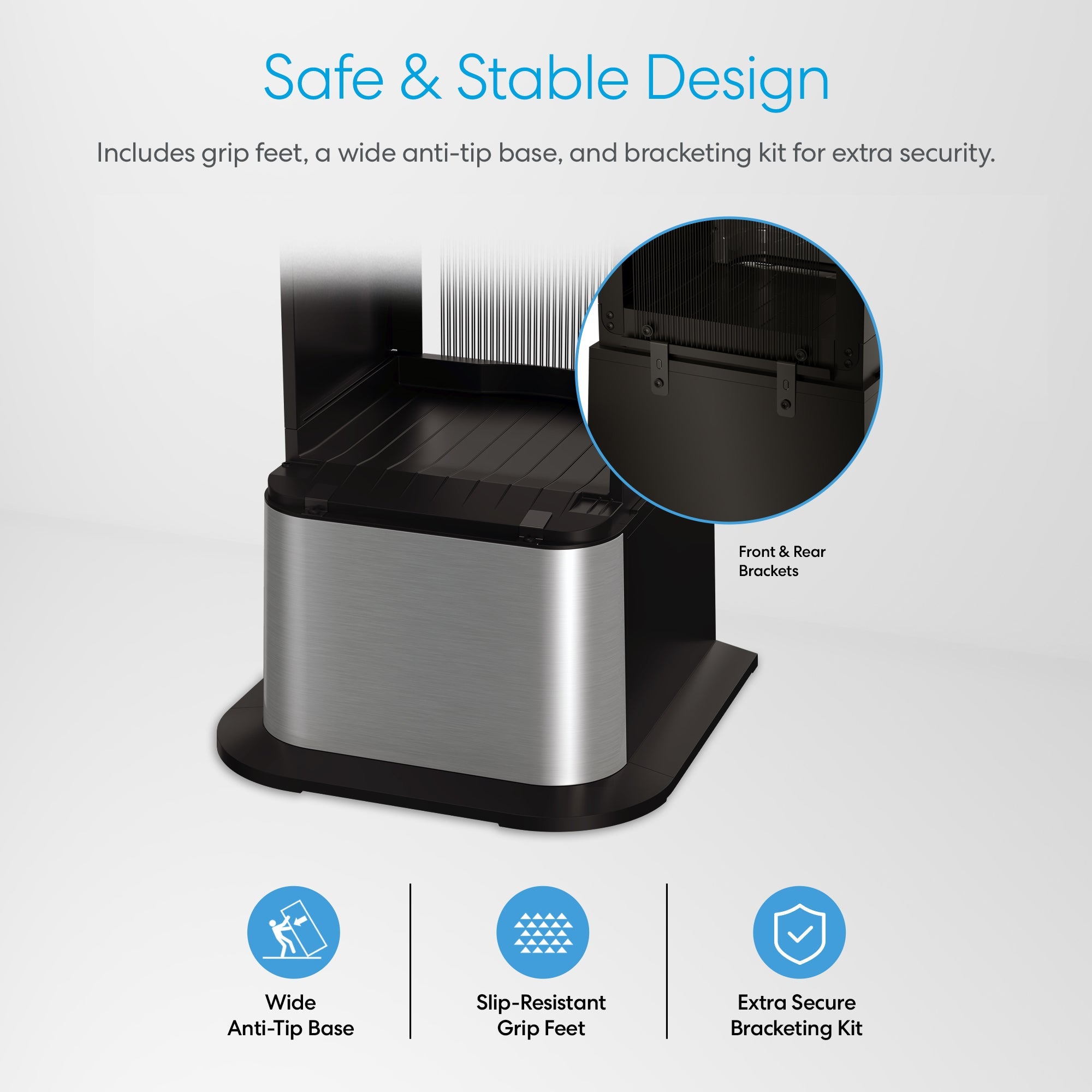 The Brio Water Cooler Base for the 430 Series features a wide black and silver anti-tip base, slip-resistant grip feet, and front and rear brackets for stability. Inset shows bracket detail. Text highlights its safe, stable design.