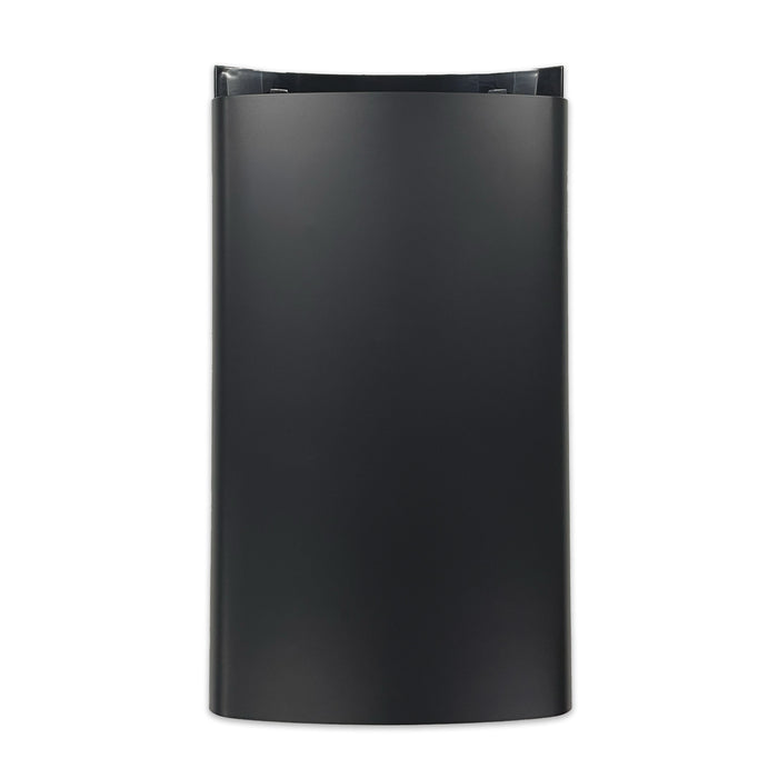 The front view shows the Lower Door for Brio 320 Series Icemaker Water Cooler (model CLBL320SCIC), a black, vertical rectangle with slightly curved sides and a smooth, matte finish, set against a white background.