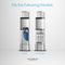 Two stainless steel Brio Water Cooler Base – 530 Series units are shown side by side. The left displays a blue water bottle inside; the right features three cylindrical filters—ideal for bottled or bottleless use.
