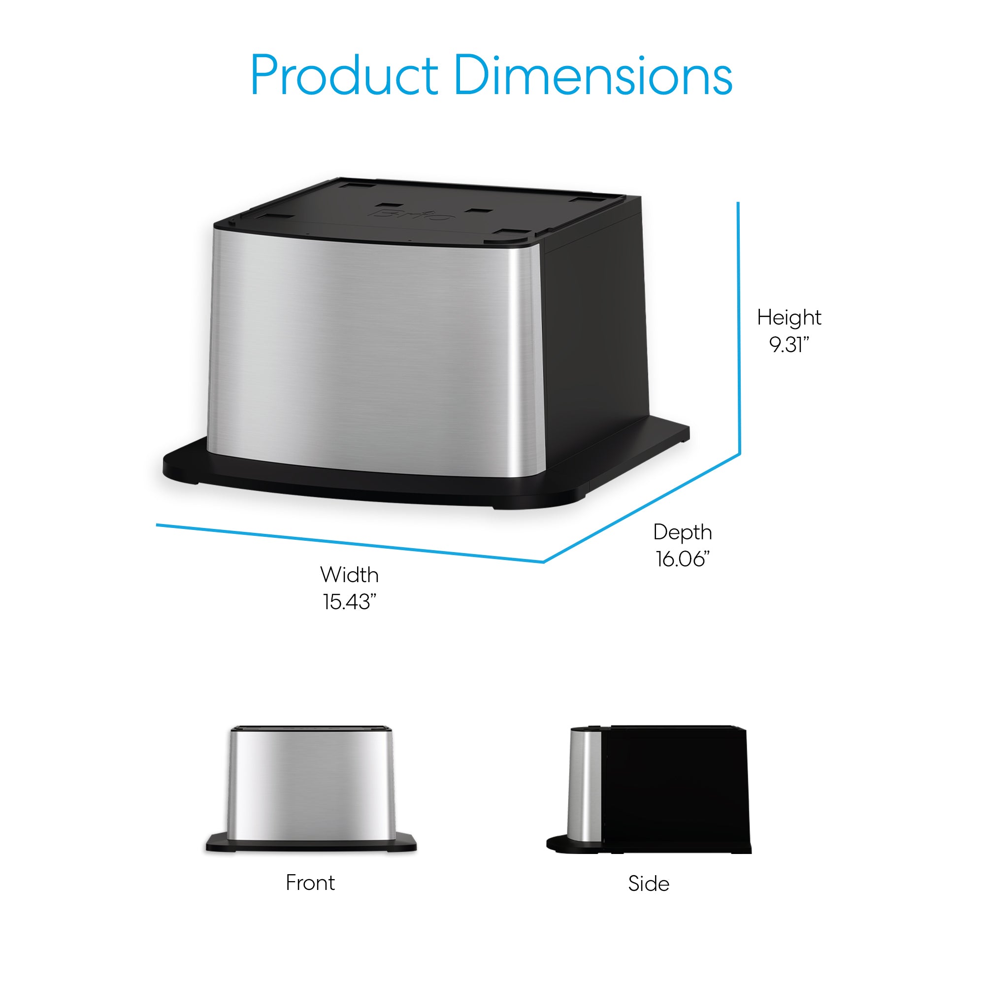 A Brio Water Cooler Base – 530 Series Bottled & Bottleless Water Cooler in stainless steel and black, measuring 9.31" H x 15.43" W x 16.06" D, is shown with front and side views below the main image.