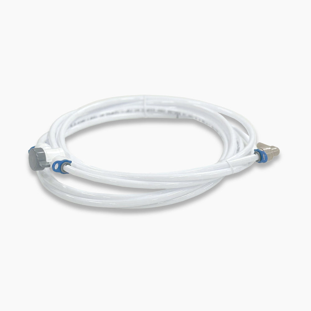 The Cooler Water Inlet is a coiled white hose with metal and plastic connectors on each end, compatible as a replacement for CLCTPOU parts or your CLPOU water filter, shown on a white background.