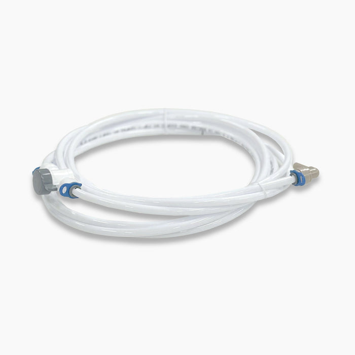 The Cooler Water Inlet is a coiled white hose with metal and plastic connectors on each end, compatible as a replacement for CLCTPOU parts or your CLPOU water filter, shown on a white background.