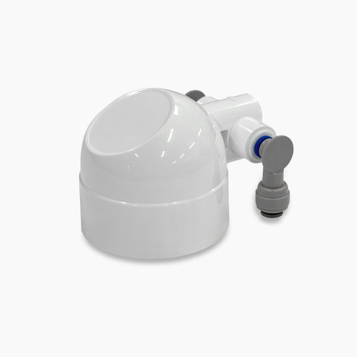 A white flushing filter head for a cooler with a blue valve and a grey connector.