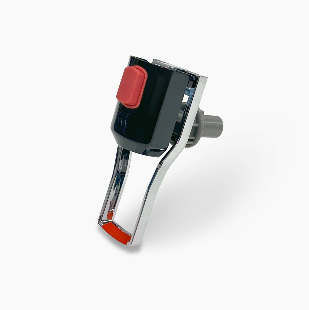 A close-up of the 300 Series Hot Paddle, featuring a chrome and black plastic lever mechanism with a red button and orange accent, photographed on a white background.