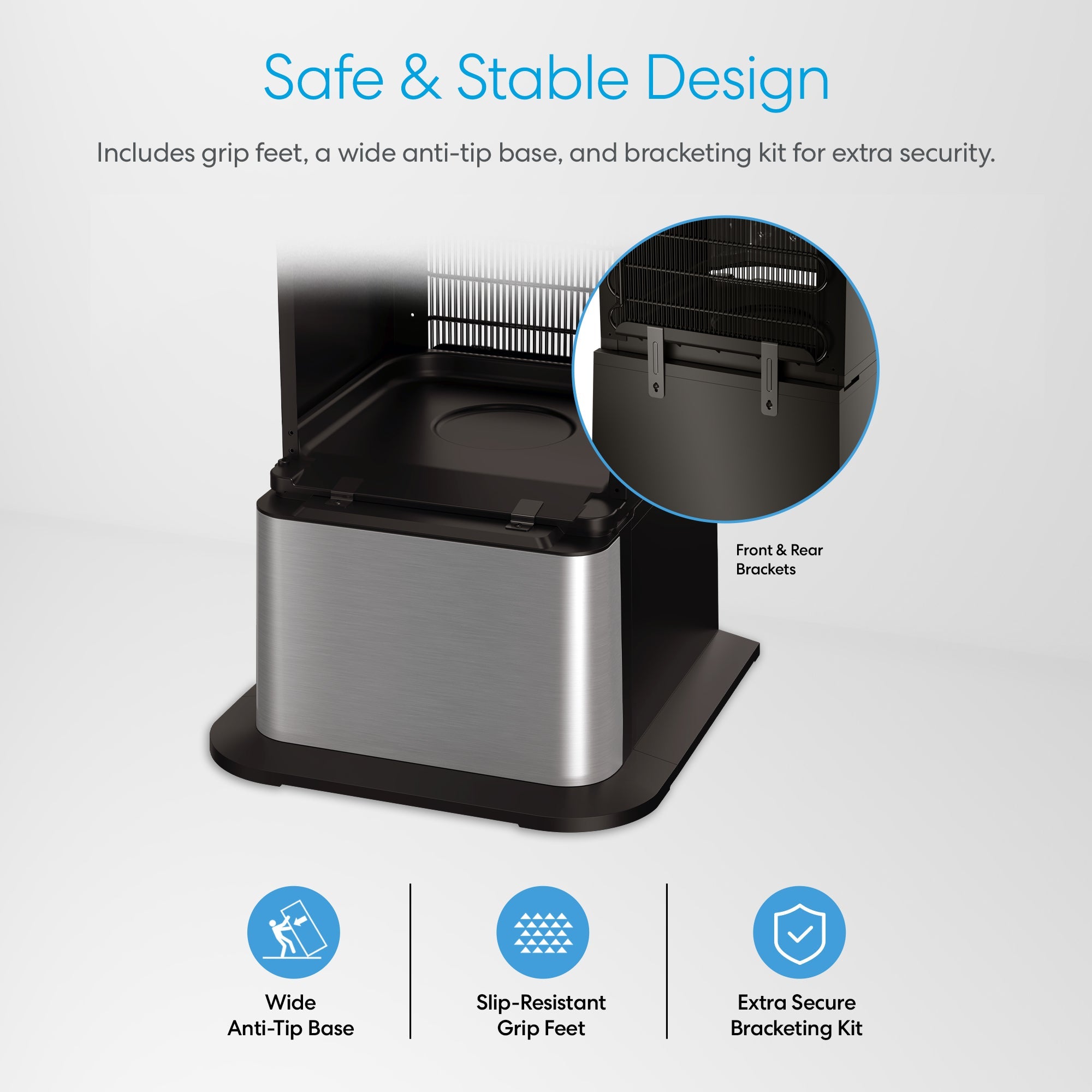 Close-up of the Brio Water Cooler Base – 730 Series Bottled & Bottleless Water Cooler, featuring a wide anti-tip base, slip-resistant grip feet, and front/rear brackets for safe, stable use. Includes bracket kit for extra security.